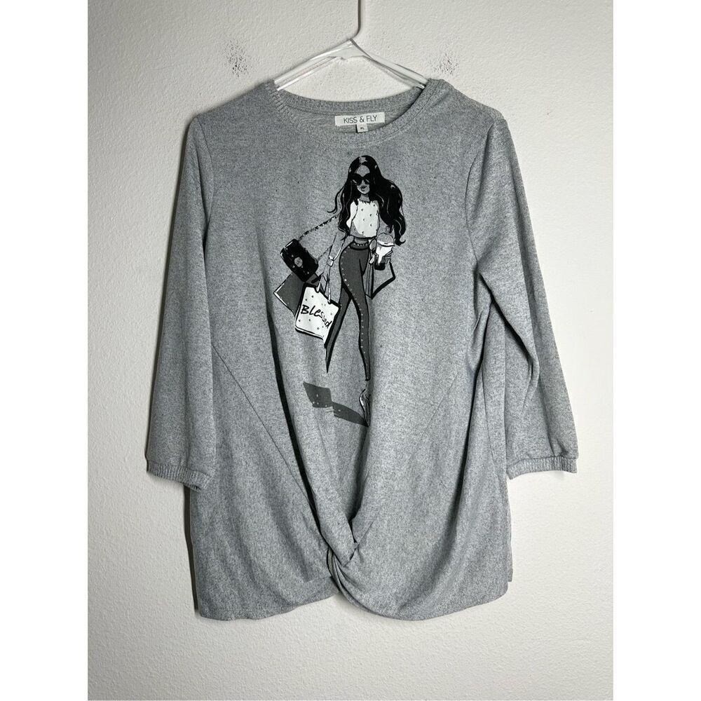 Kiss & Fly Bohemian Rhinestone Trim Women’s Sweater 3/4 Sleeve Gray Black Sz PL